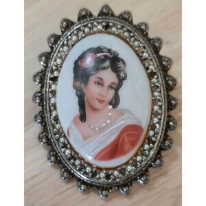 Antique Vintage Limoges Brooch France Hand-painted Cameo Portrait Porcelain